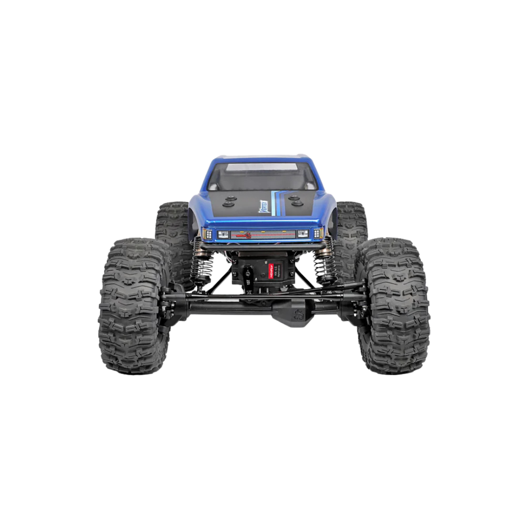 Blue off-road vehicle chassis with large wheels on a white background
