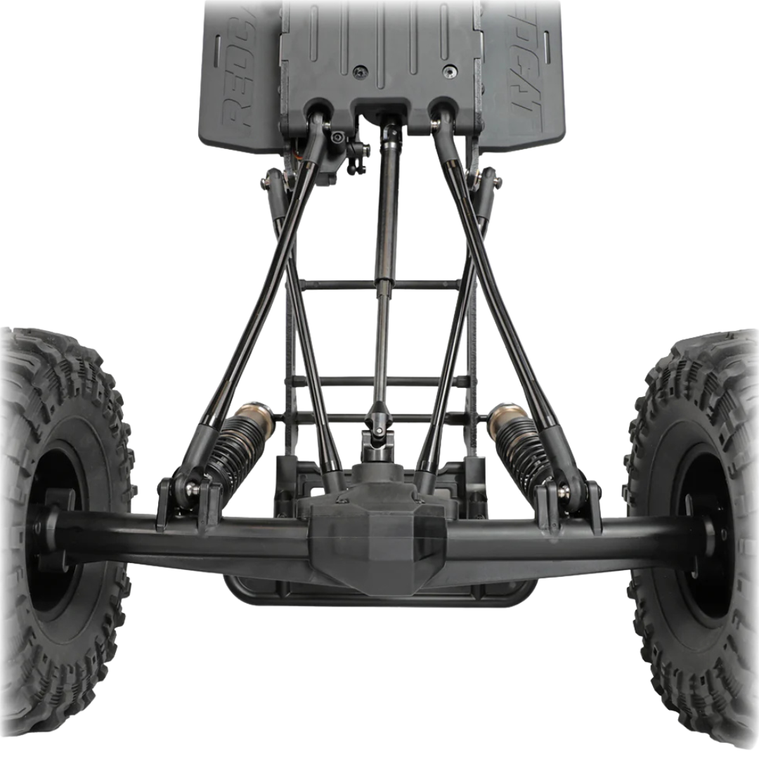 Close-up of a vehicle suspension system with tires on a white background
