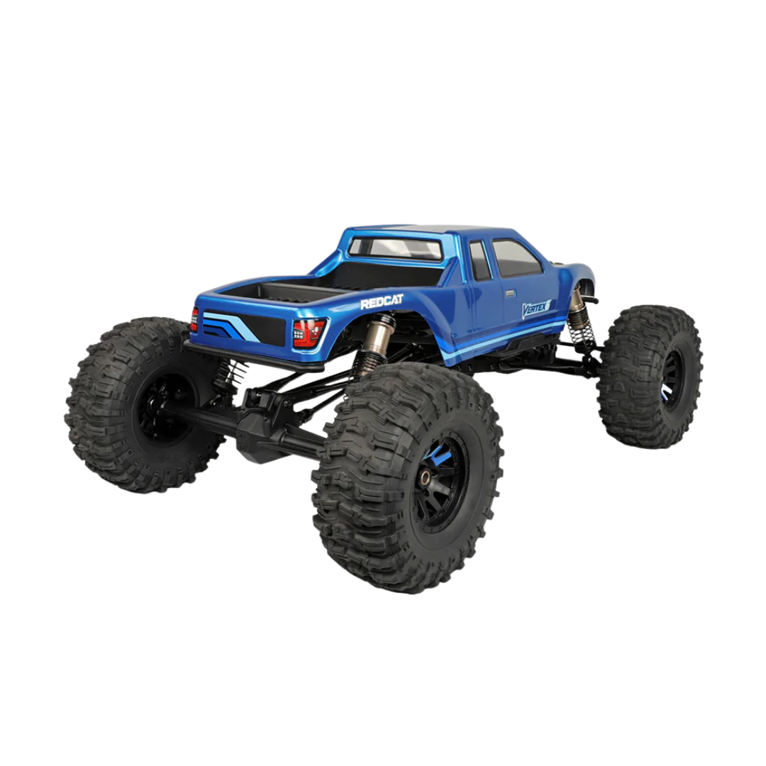 Blue monster truck with large wheels on a white background