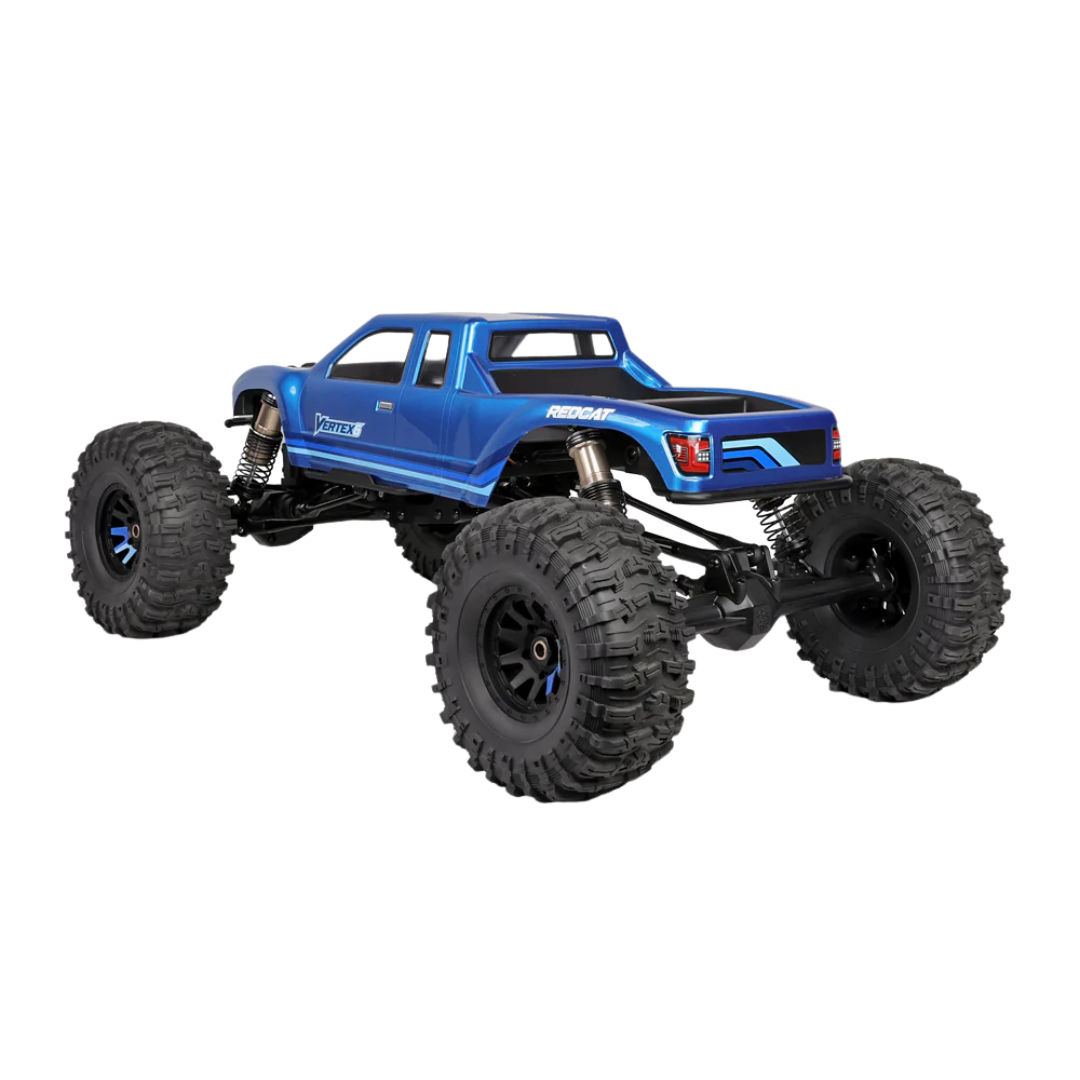 Blue monster truck with large wheels on a white background