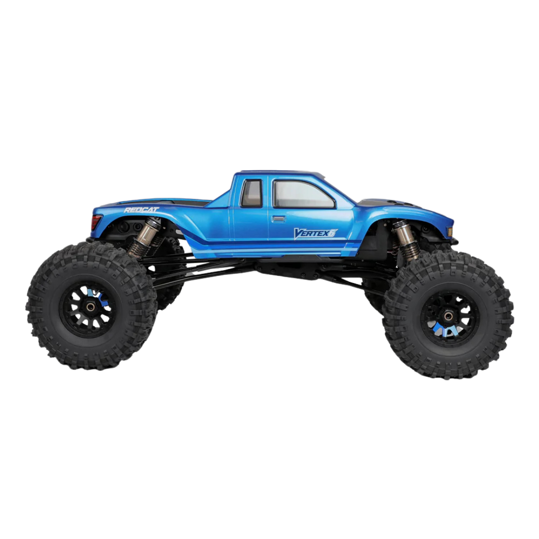 Blue monster truck with large wheels on a white background