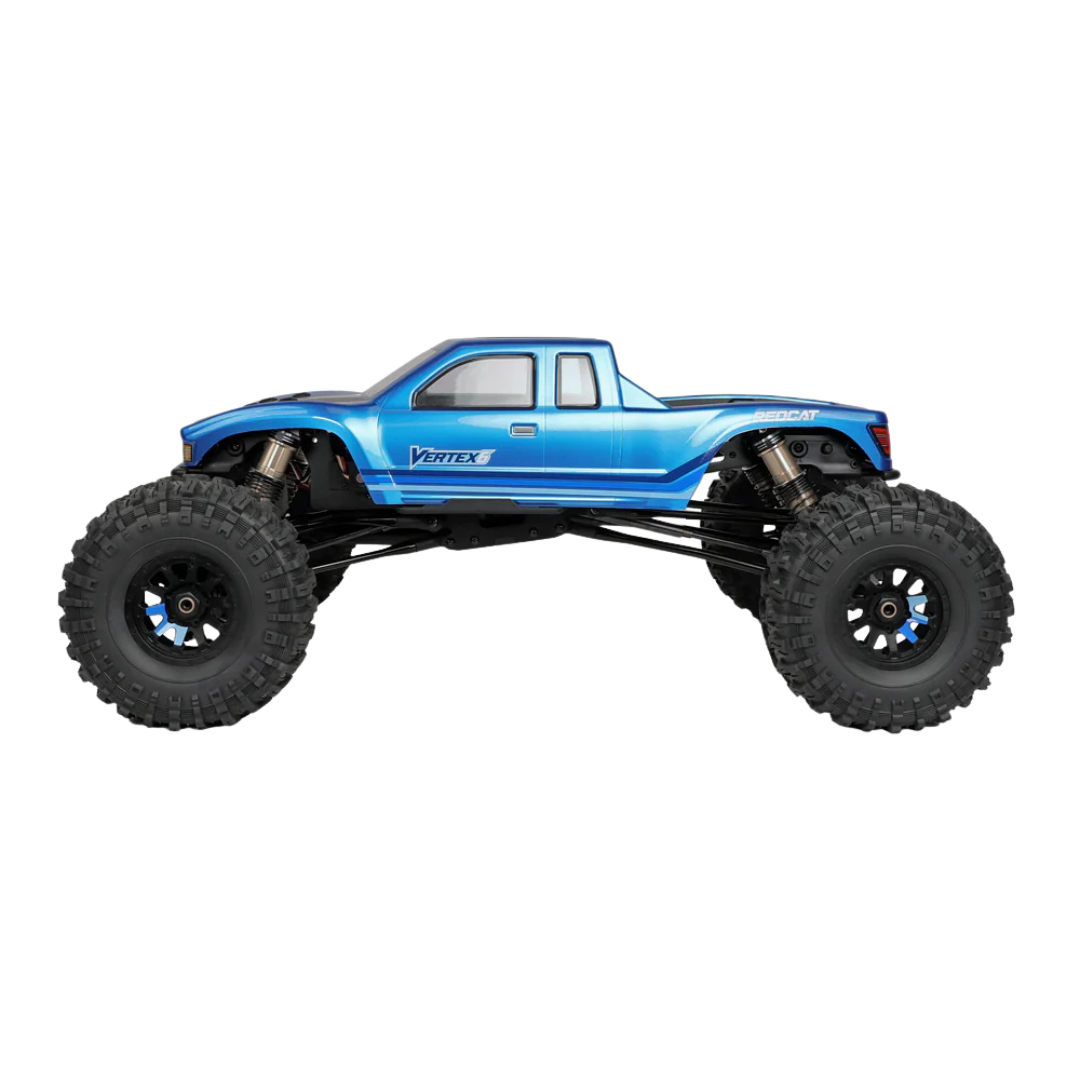Blue monster truck with large wheels on a white background