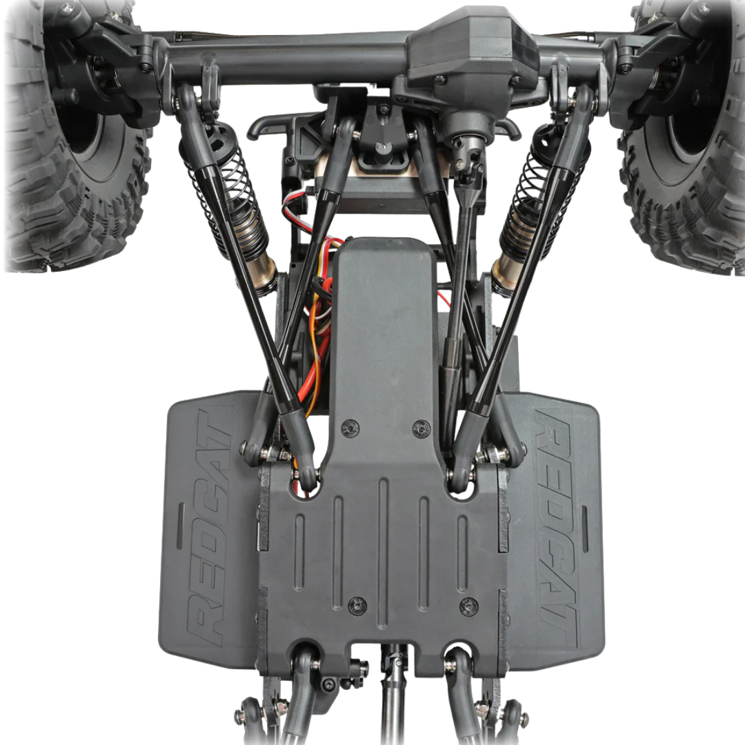 Close-up of a remote control car's undercarriage with visible branding on a white background