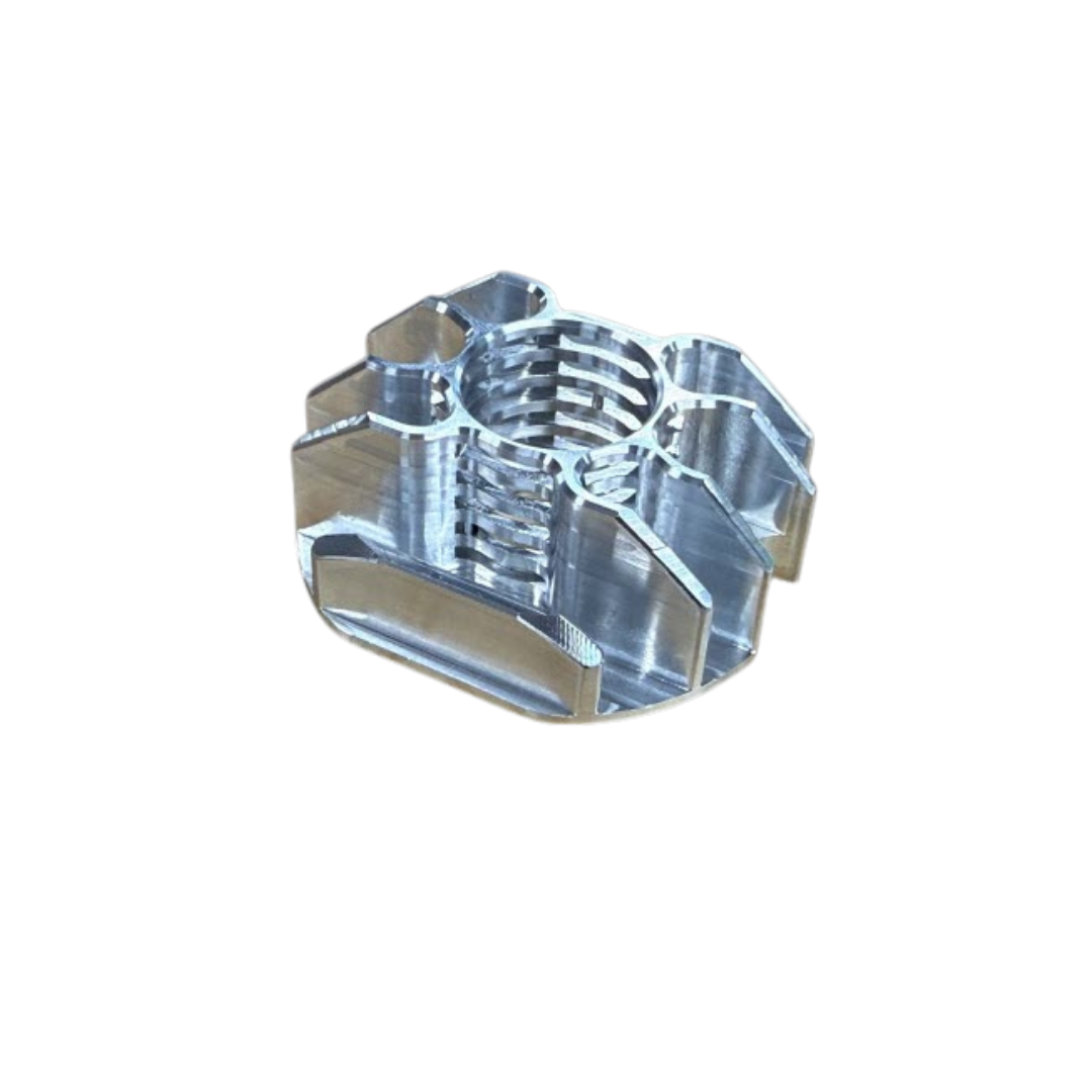 Angled view of the RV-Racing RVCH aluminium cooling head showing the machined fins and curved profile