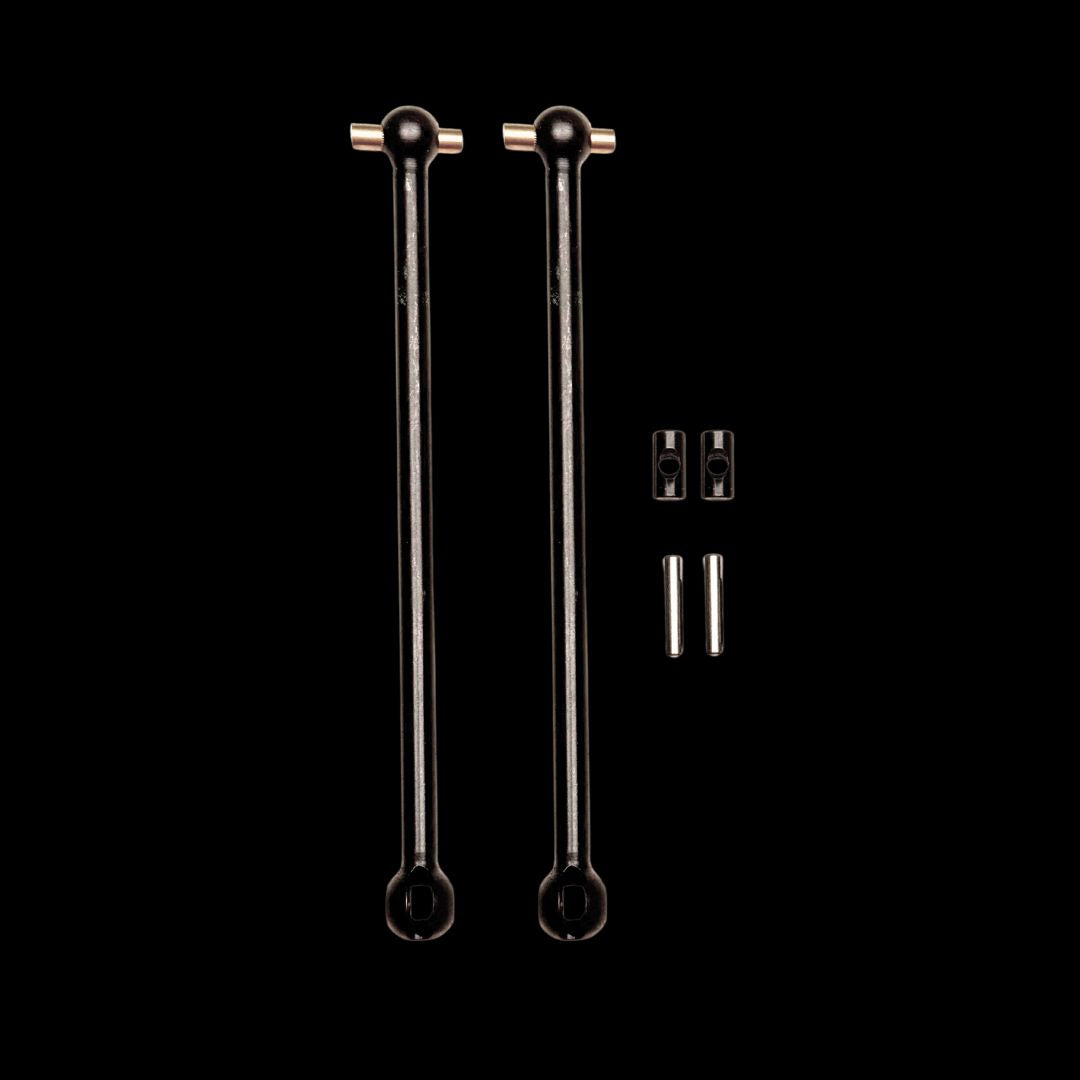 Two black metal CVD shafts with mounting hardware for a remote control vehicle.