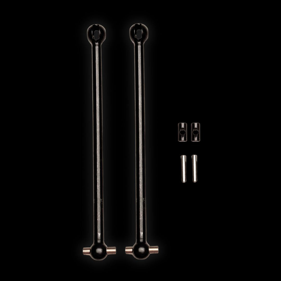 Two black metal drive shafts with connecting rods and hardware for a remote control toy.