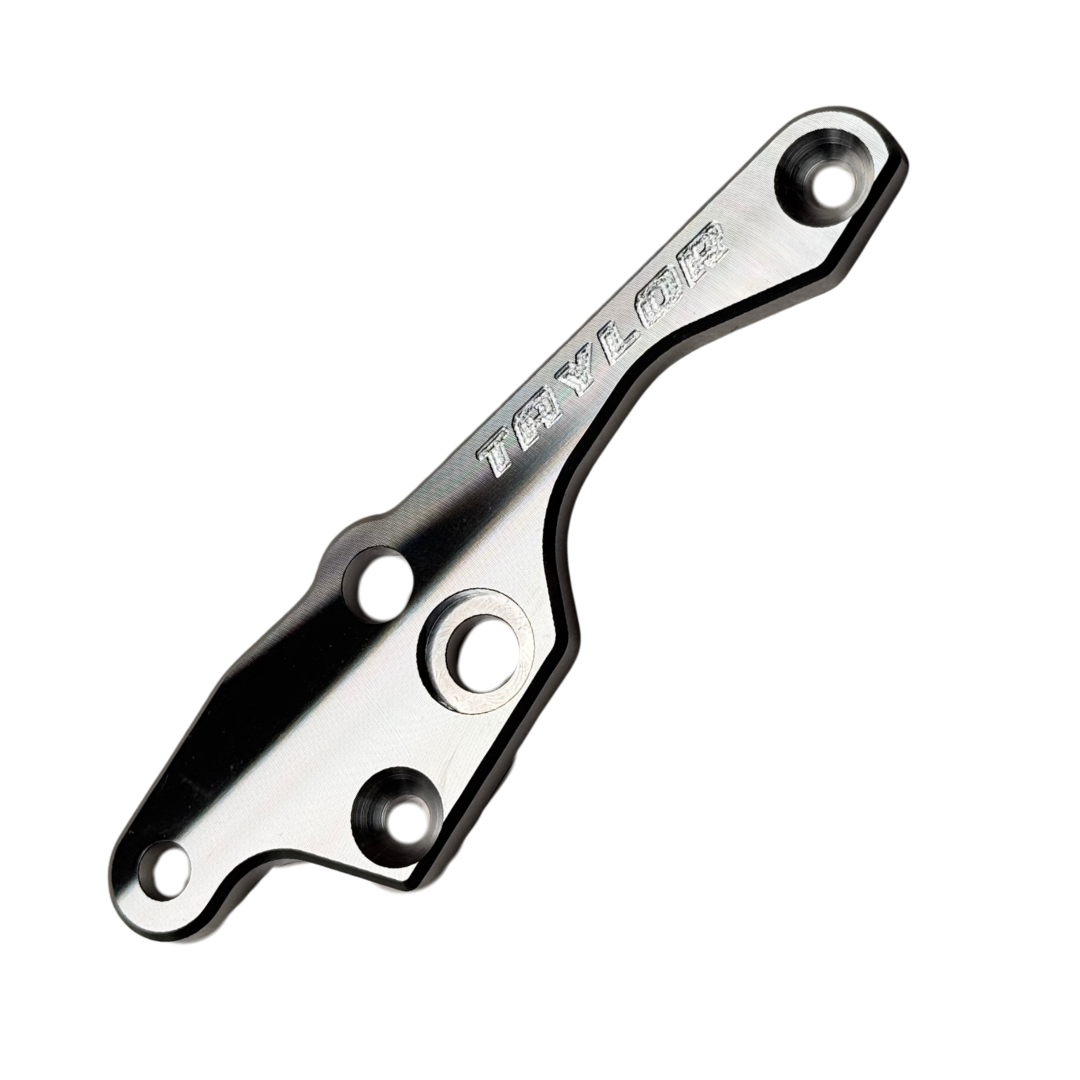 Reverse angled view of Taylor 70cc twin RH engine brace in raw silver aluminium with engraved Taylor logo