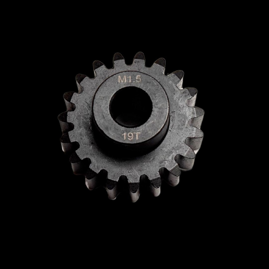 A collection of black carbon steel pinion gears with an 8mm bore designed for use with brushless motors, arranged in four rows on a dark background.