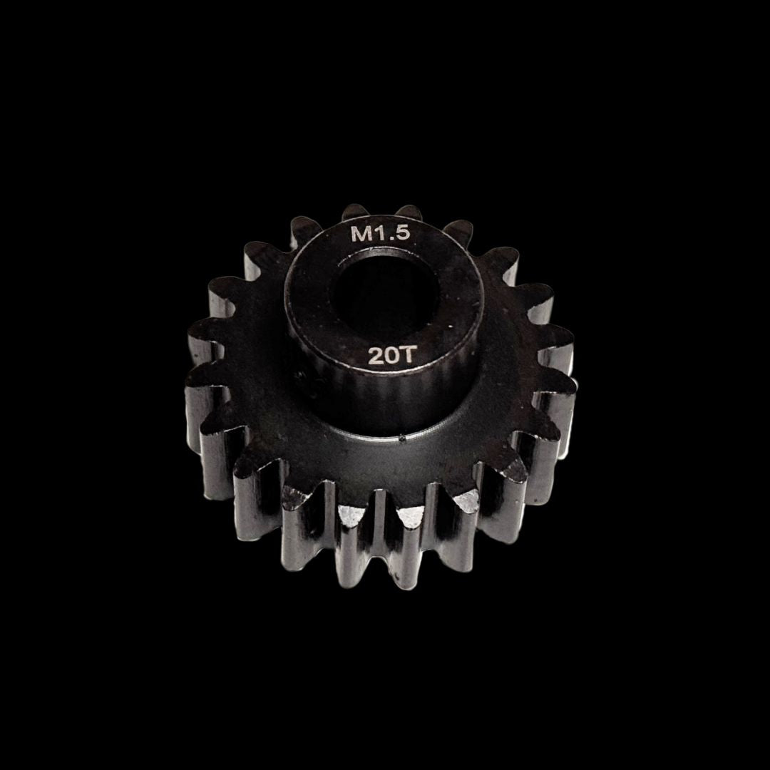 A collection of black hardened steel pinion gears with an 8mm bore, arranged together against a dark background.