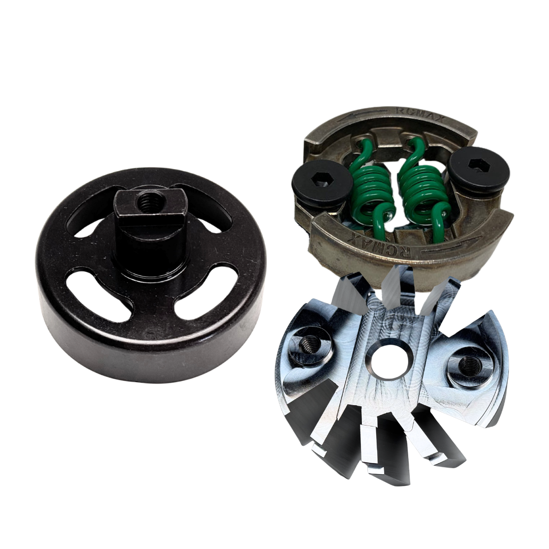 Taylor Kraken V3 clutch upgrade kit components — bell housing, RCMAX shoe assembly and clutch backplate