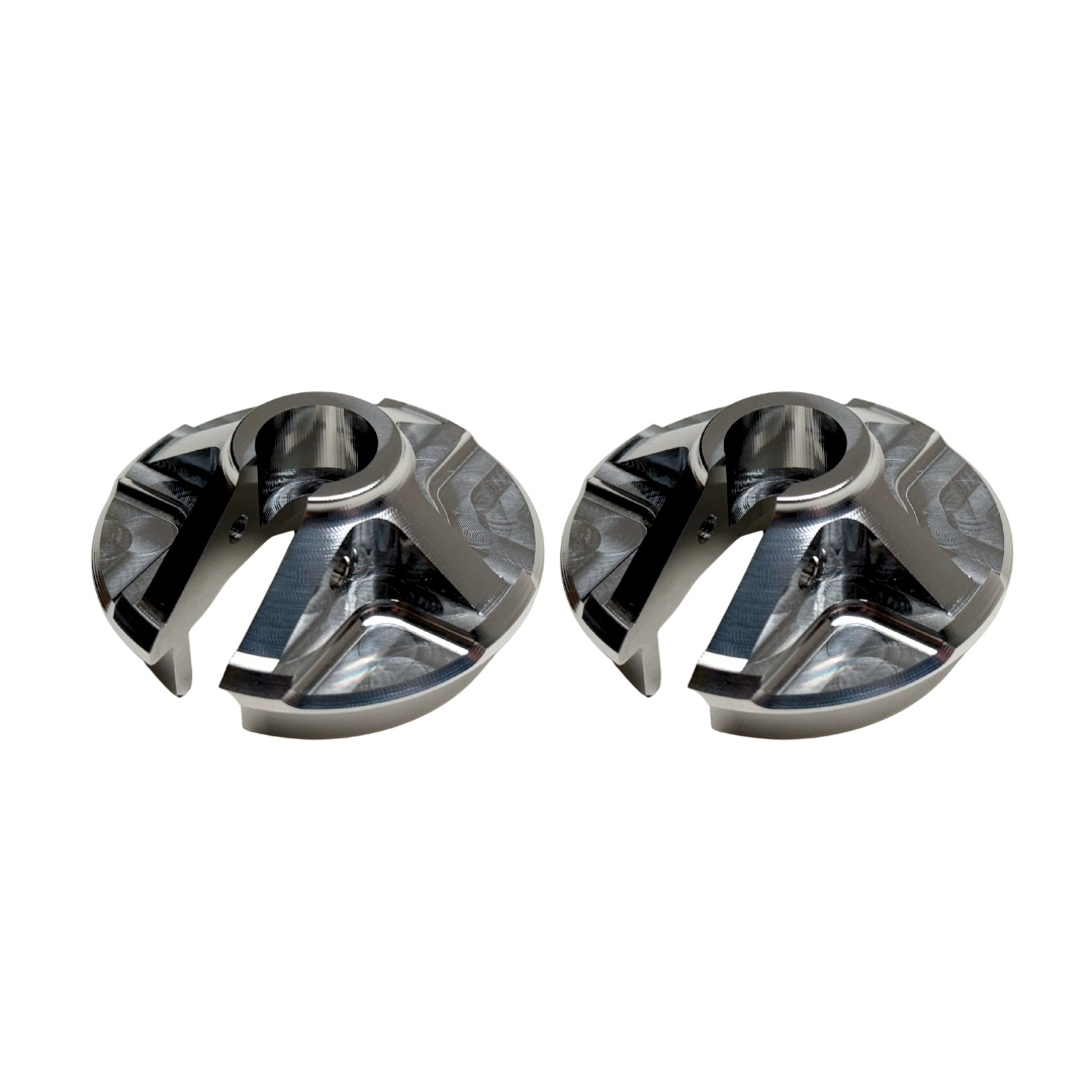 Taylor Losi 5IVE-T 3.0 billet shock perch set of 2 in raw silver, side view showing the raised centre hub and machined pockets