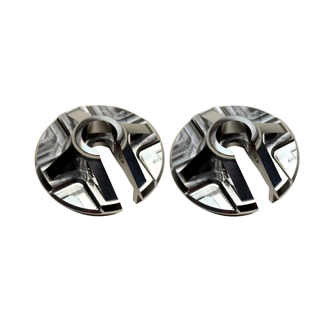 Taylor Losi 5IVE-T 3.0 billet shock perch set of 2 in raw silver, top view showing the CNC machined three-spoke design and slotted centre
