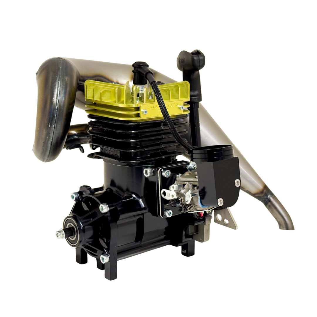 Taylor RC 65cc Supreme V2 engine for Losi 5IVE-T with yellow anodised head, black crankcase and tuned exhaust pipe