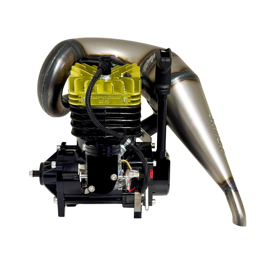 Taylor RC 65cc Supreme V2 engine showing the yellow anodised head, black clutch carrier and curved tuned exhaust pipe