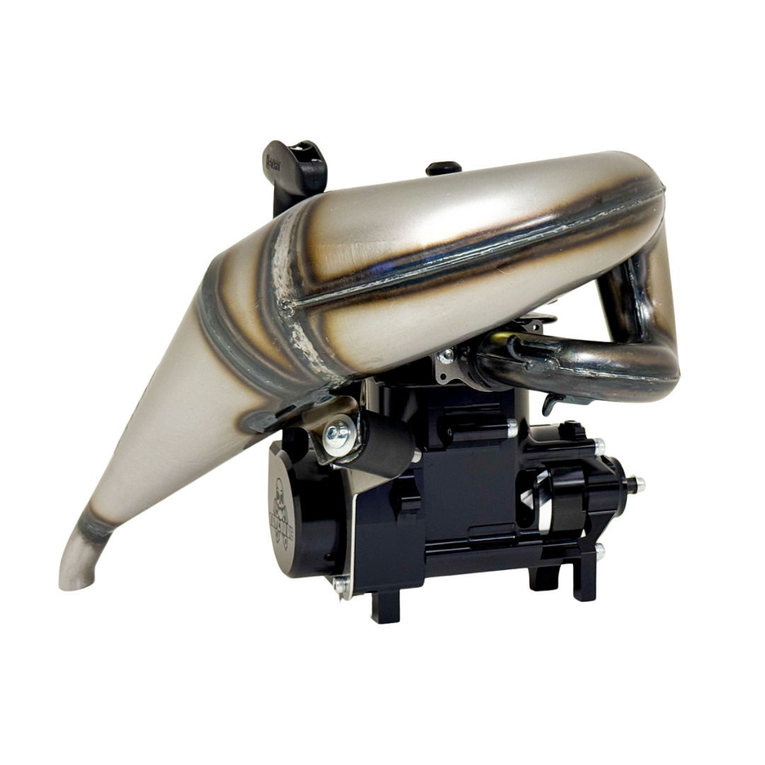 Rear view of the Taylor RC 65cc Supreme V2 engine showing the curved exhaust pipe above the black billet crankcase
