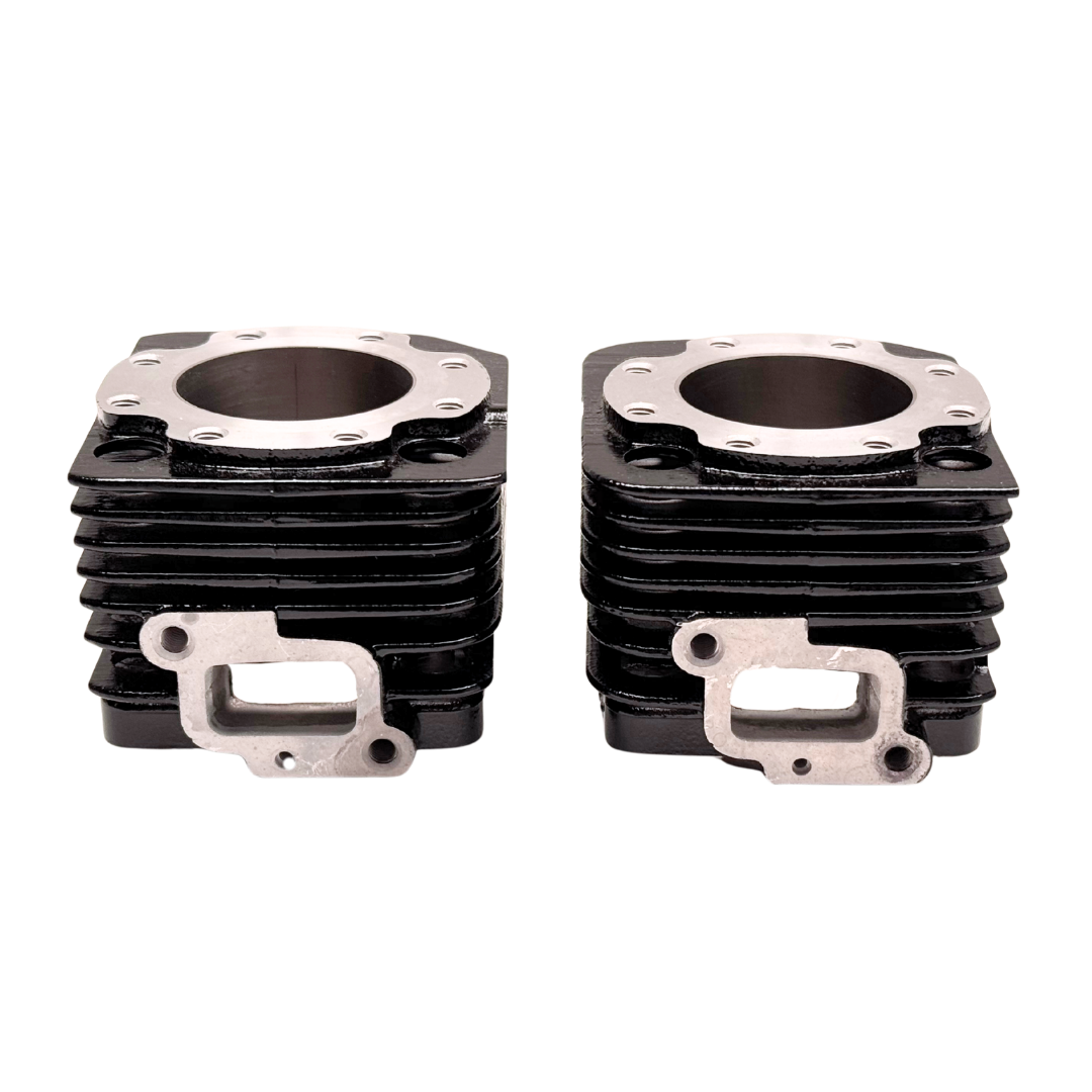Two sets of black engine cylinders with metal flanges on a white background