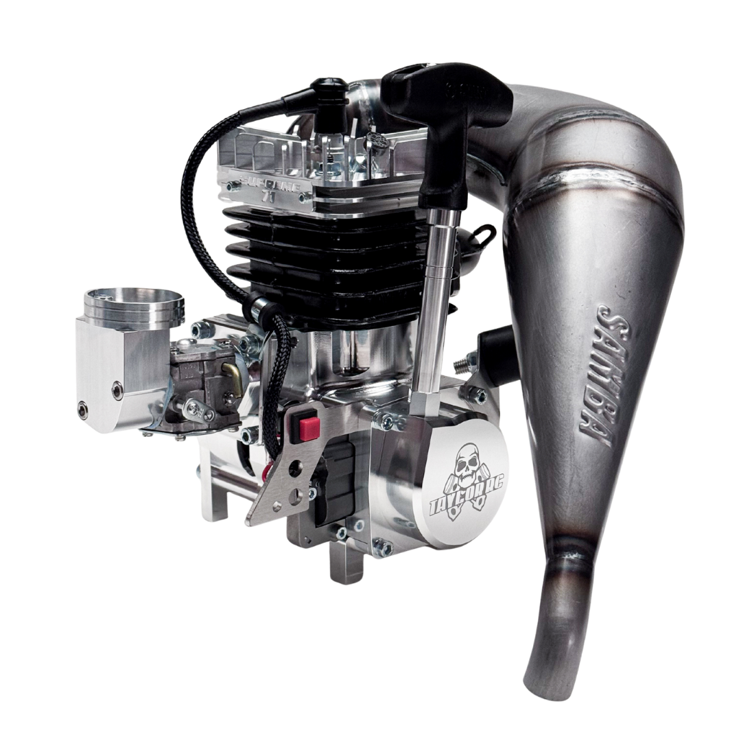 Engine with a prominent exhaust pipe on a white background