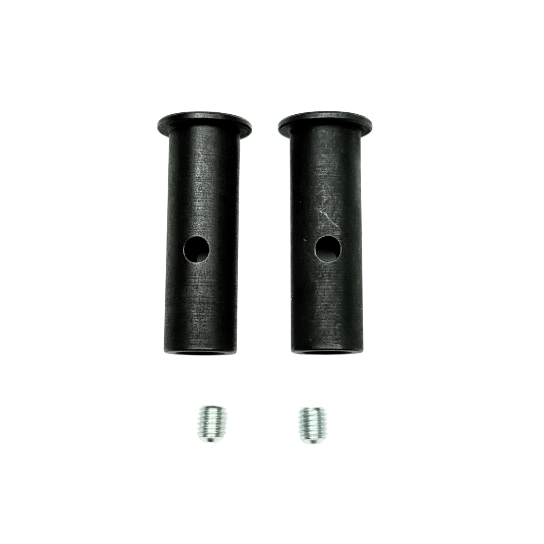 Two black cylindrical metal parts with two screws on a white background