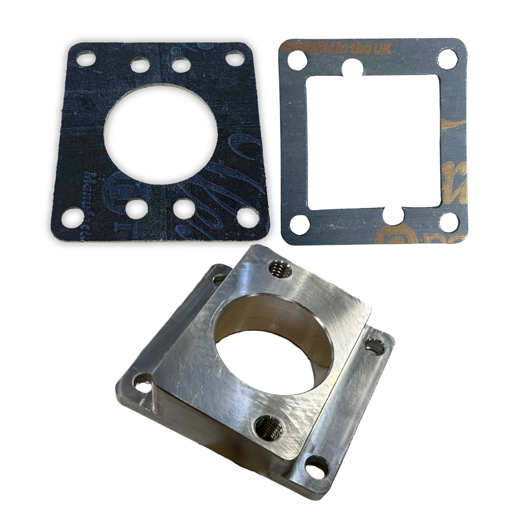 Taylor RC ALX 25mm-28mm carb manifold in raw silver with round-bore and square-bore gaskets