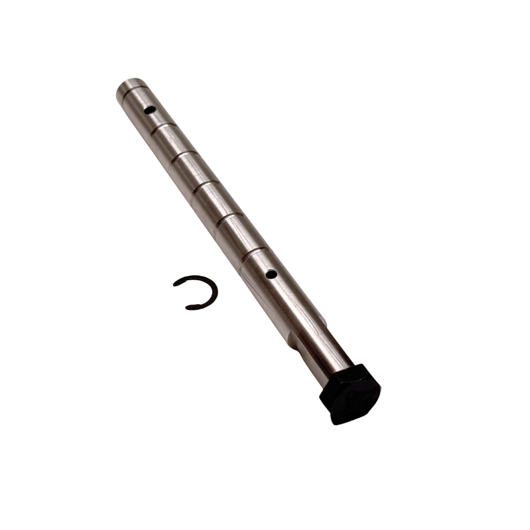 Taylor RC HD Baja twin layshaft, angled view showing the hex bolt head end, retaining clip, and machined steps