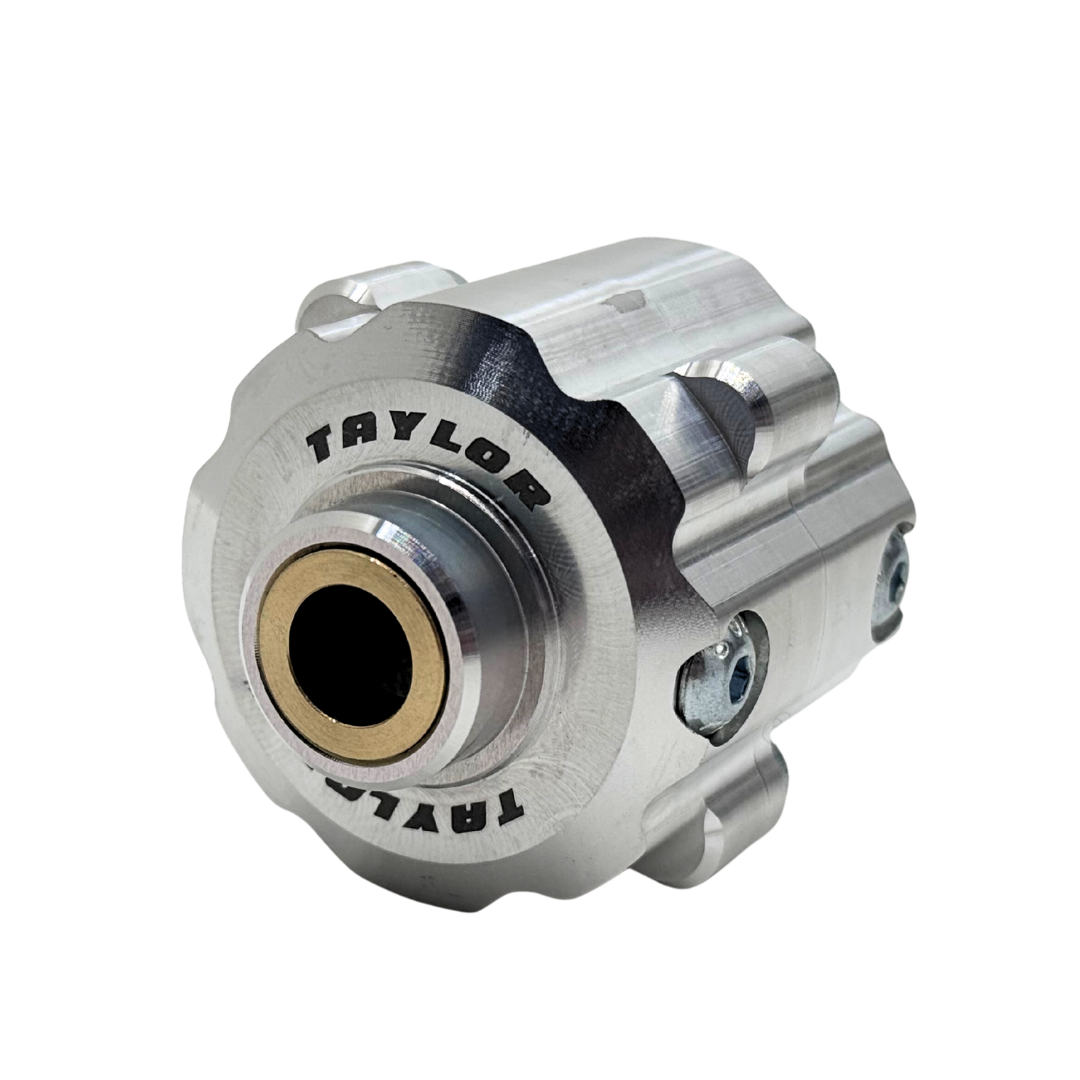 Metallic gear component with 'Taylor' branding on a white background