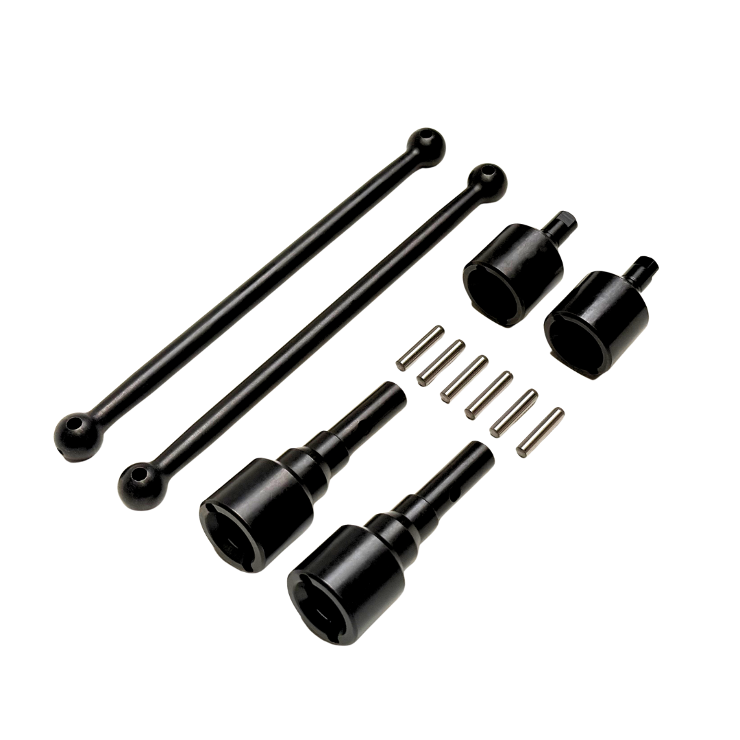 A set of black metal mechanical hardware components, including two long ball-ended rods, four adapter collars, and six small silver pins, arranged on a plain white background.