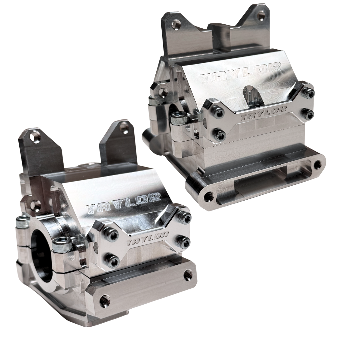 Two metallic mechanical components with 'Taylor' branding on a white background