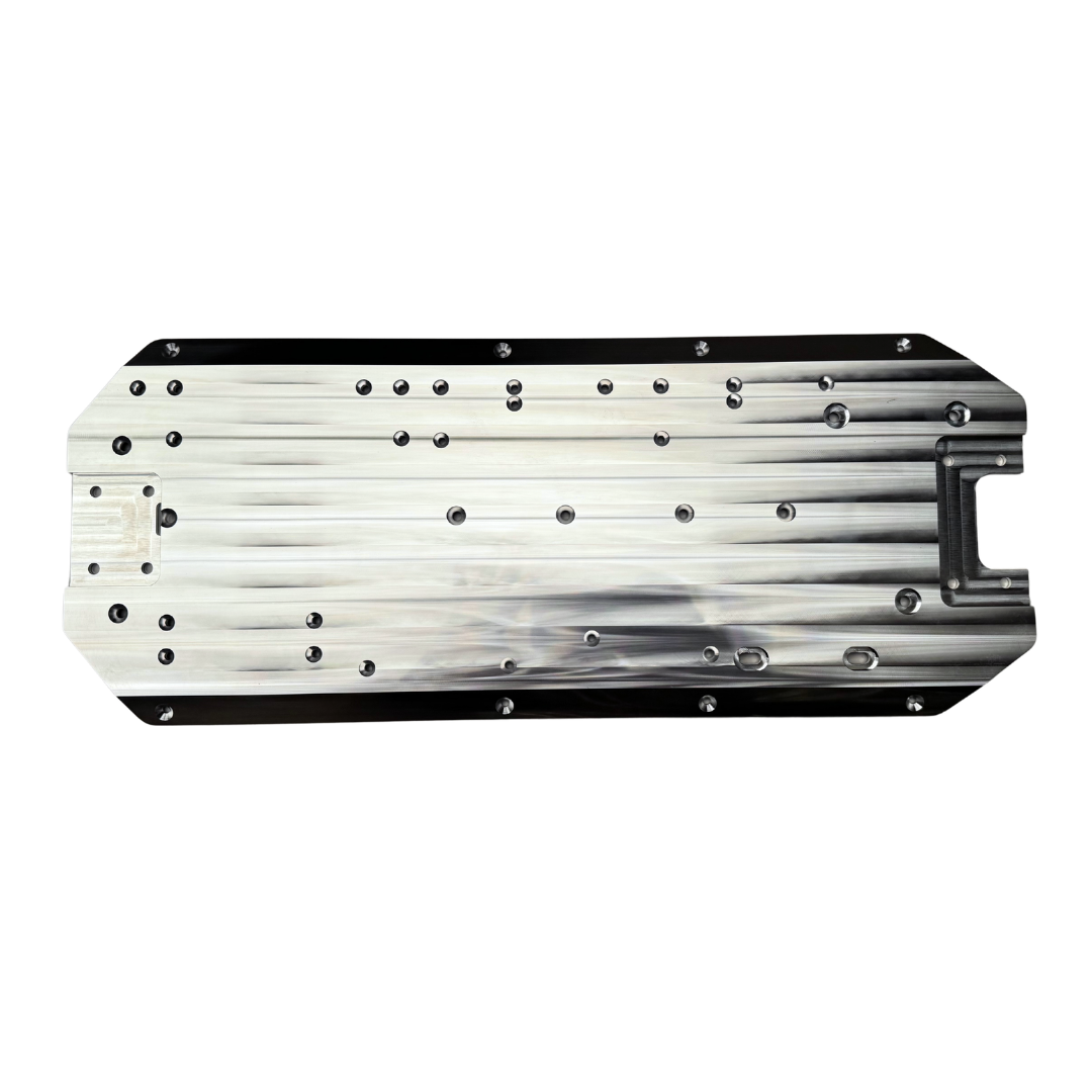 Taylor RC OUTLAW V4 main chassis plate in raw silver, flat top-down view showing the full hole pattern and machined channels