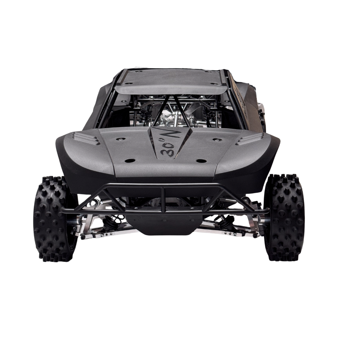 Back view of a off-road vehicle chassis on a white background