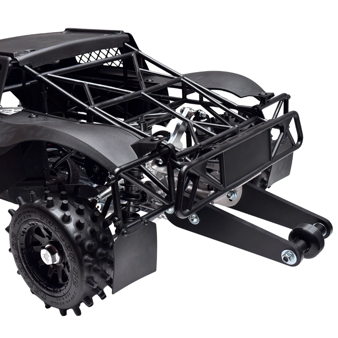 Black off-road vehicle chassis with suspension and tires on a white background