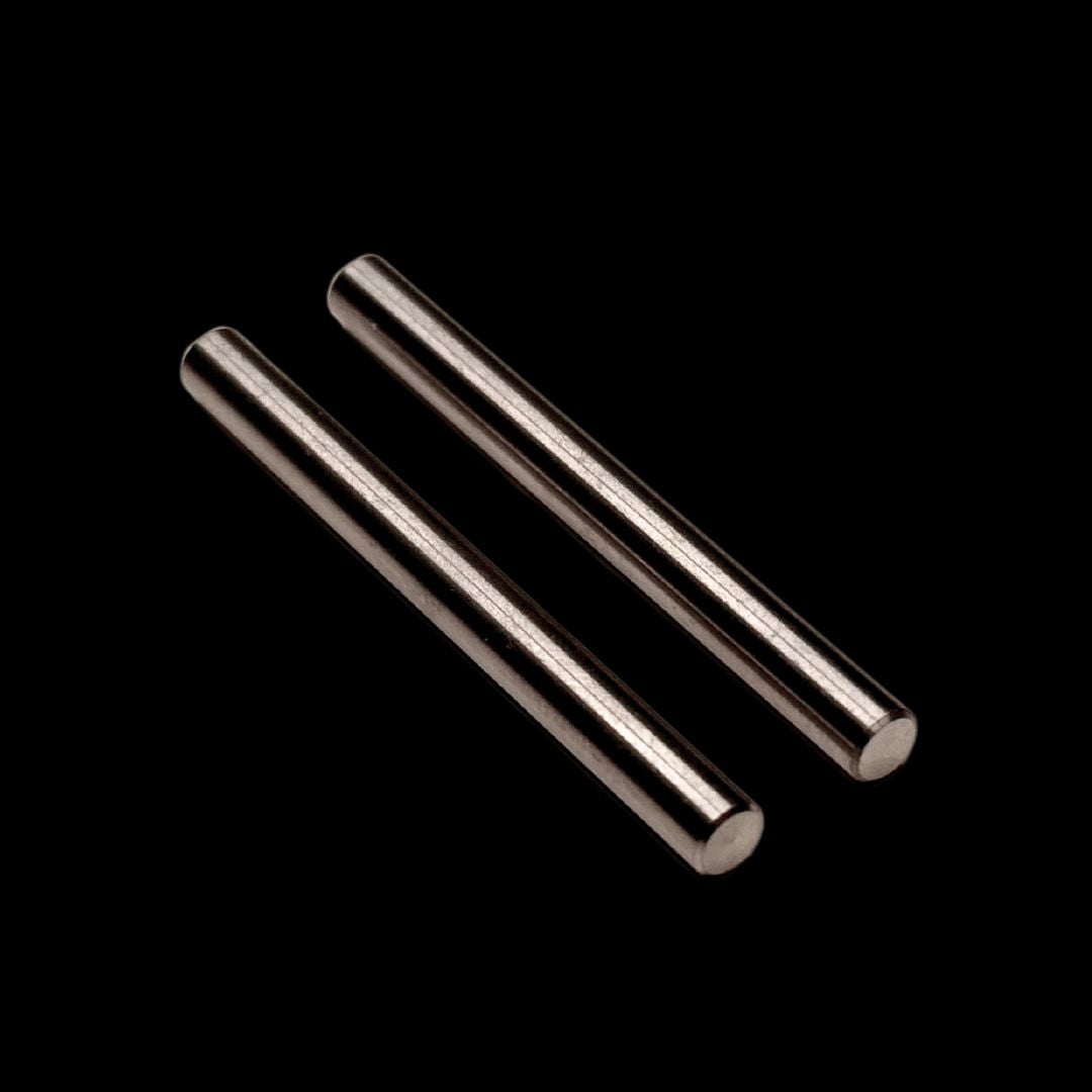 Two precision machined titanium hinge pins against a black background.