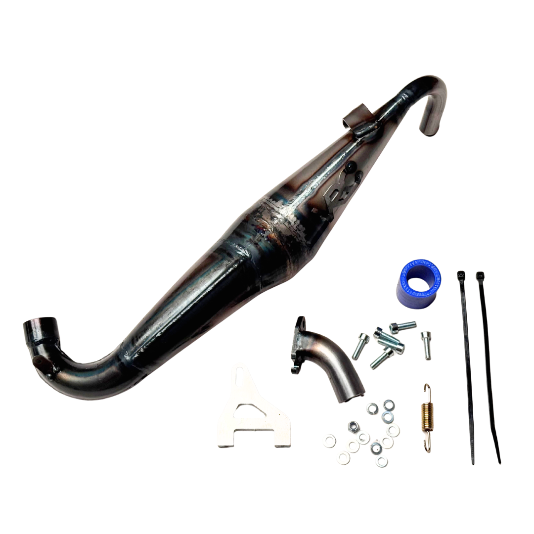 Taylor RC Victory PRO Baja 5B side mount exhaust pipe, non-silenced version, with manifold, silicone coupler, spring, and mounting hardware