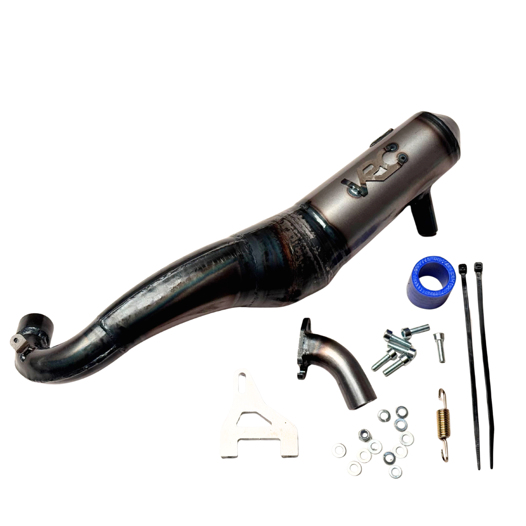 Taylor RC Victory PRO Baja 5B side mount exhaust pipe, silenced version, shown from an alternate angle with manifold, silicone coupler, spring, and mounting hardware