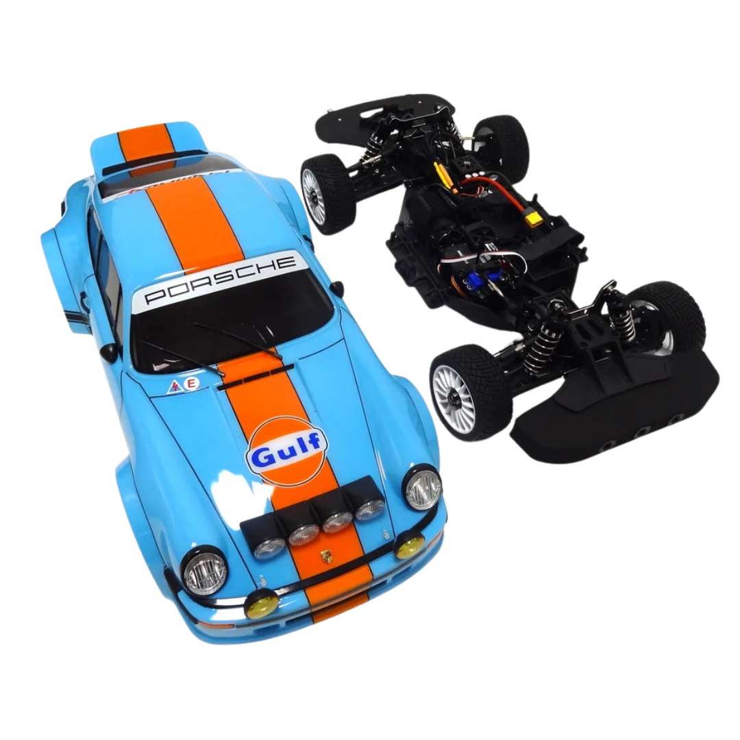 Toy car with Porsche branding and Gulf logo, showing both finished and unassembled parts on a white background.