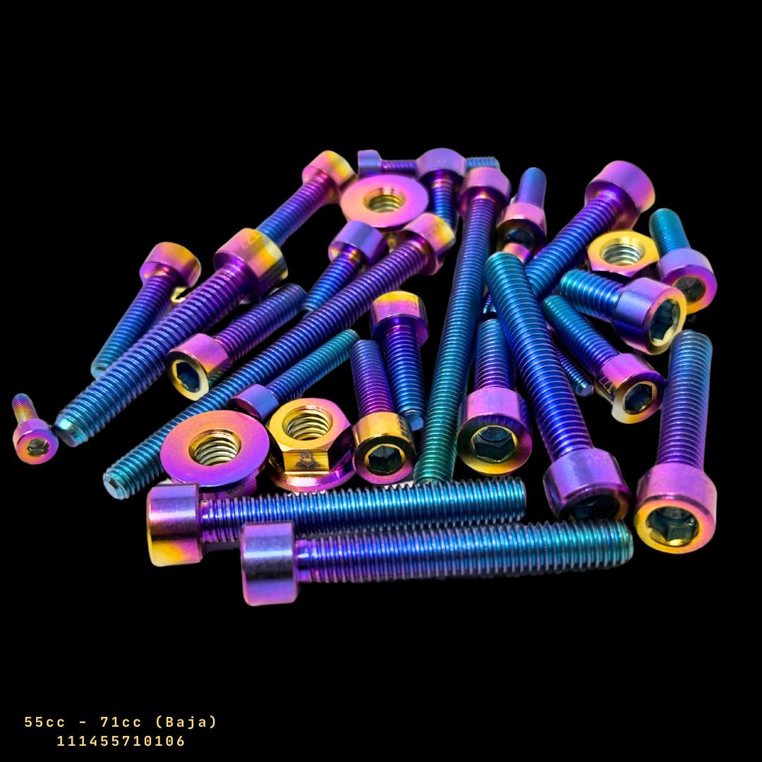 A set of multicolored titanium alloy screws for a model car engine.