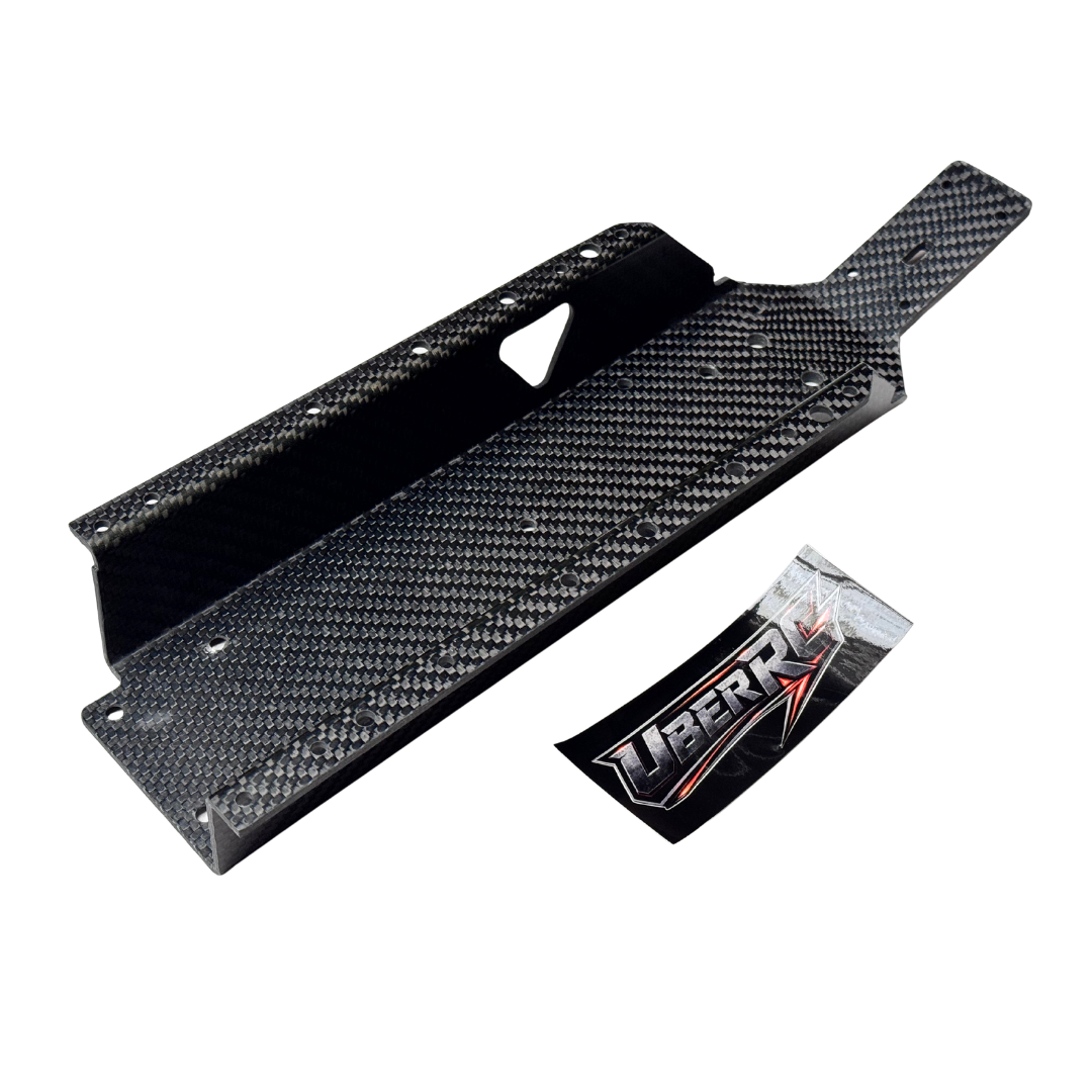 Uber RC HPI Baja carbon fibre HD chassis shown at an angle with UberRC logo decal
