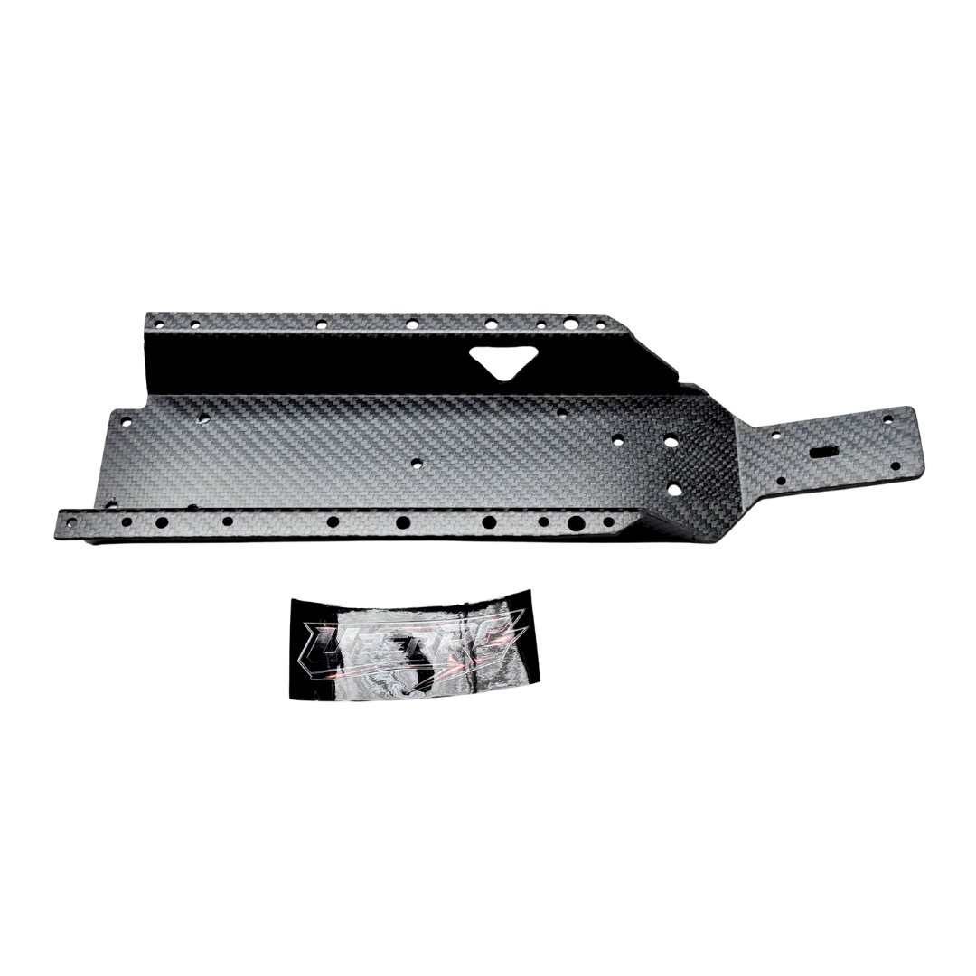 Side profile view of Uber RC HPI Baja carbon fibre HD chassis with UberRC logo decal