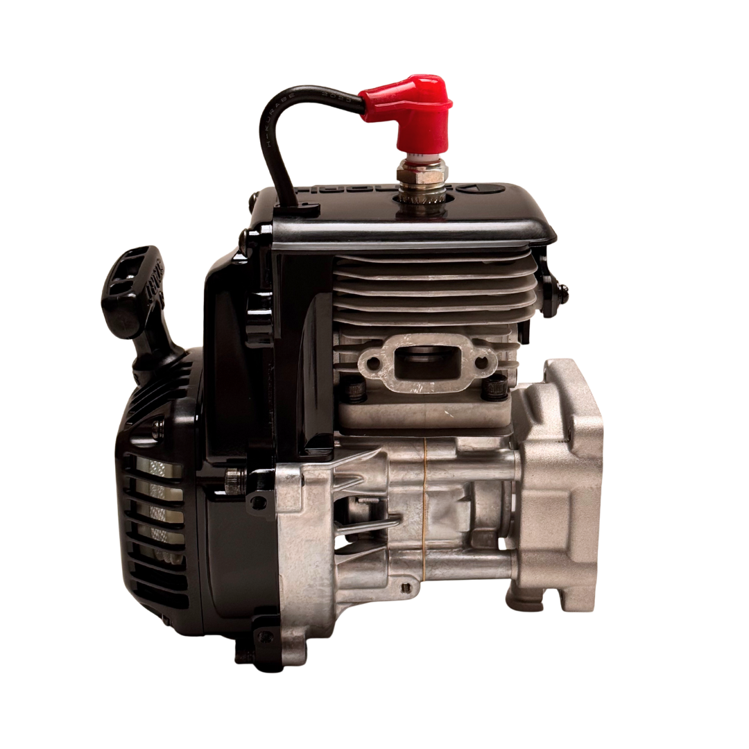 Engine block with red valve on a white background