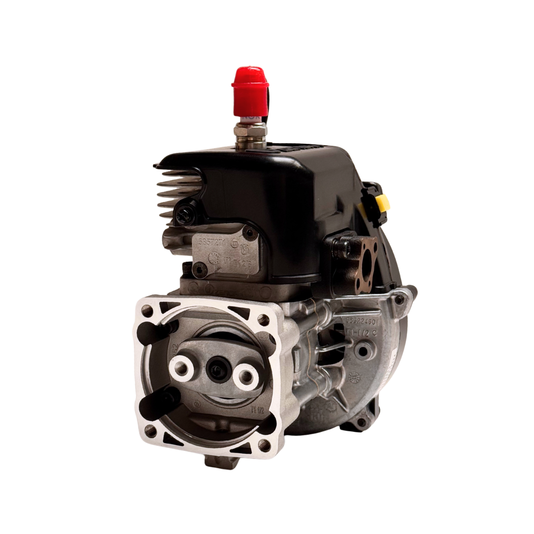 Engine block with red cap on a white background