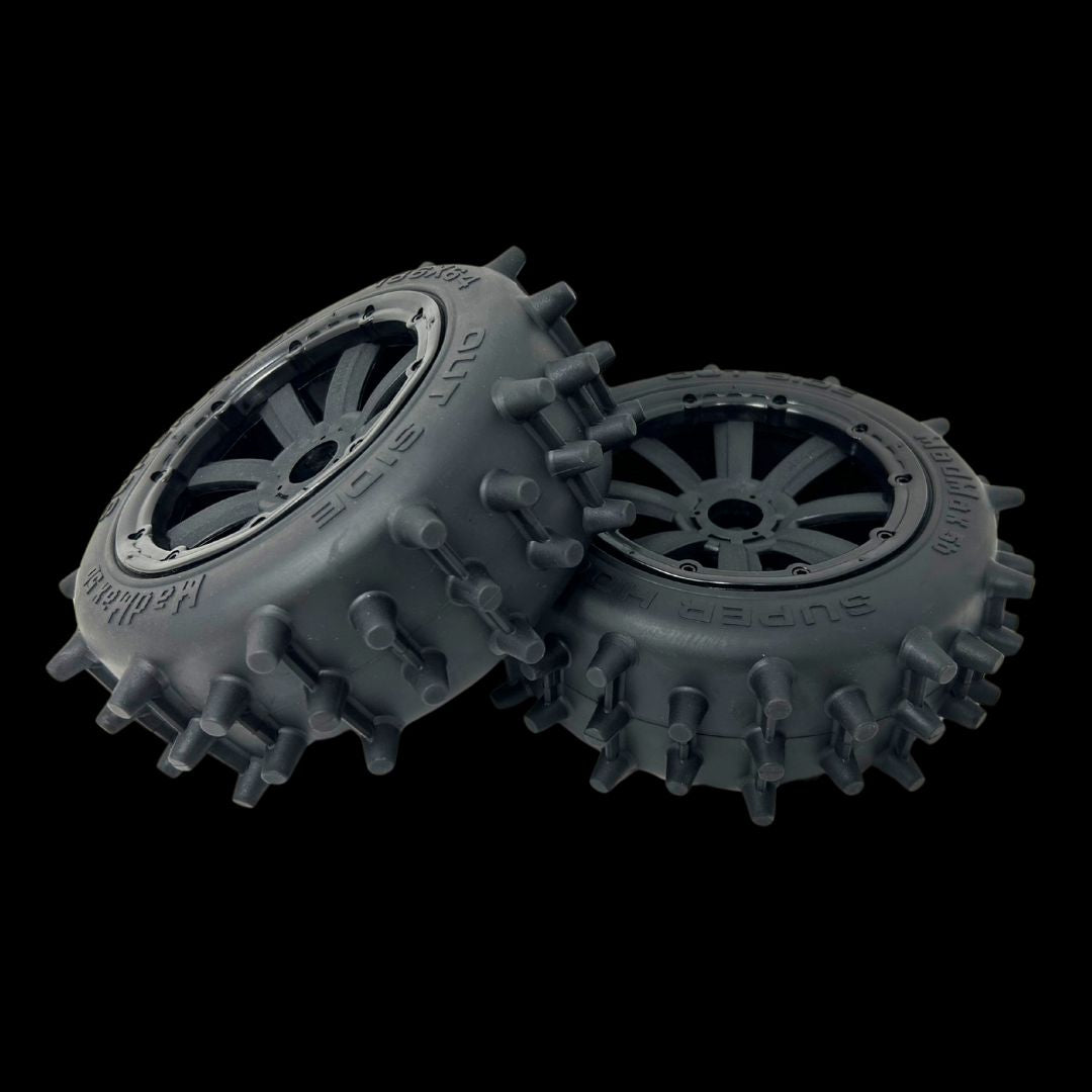 Pair of Mad Max Super Hog Rear 186mm Spike Wheel/Tyres (2)