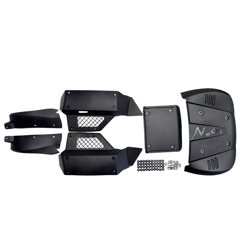 Set of black body panels with mounting hardware on a white background