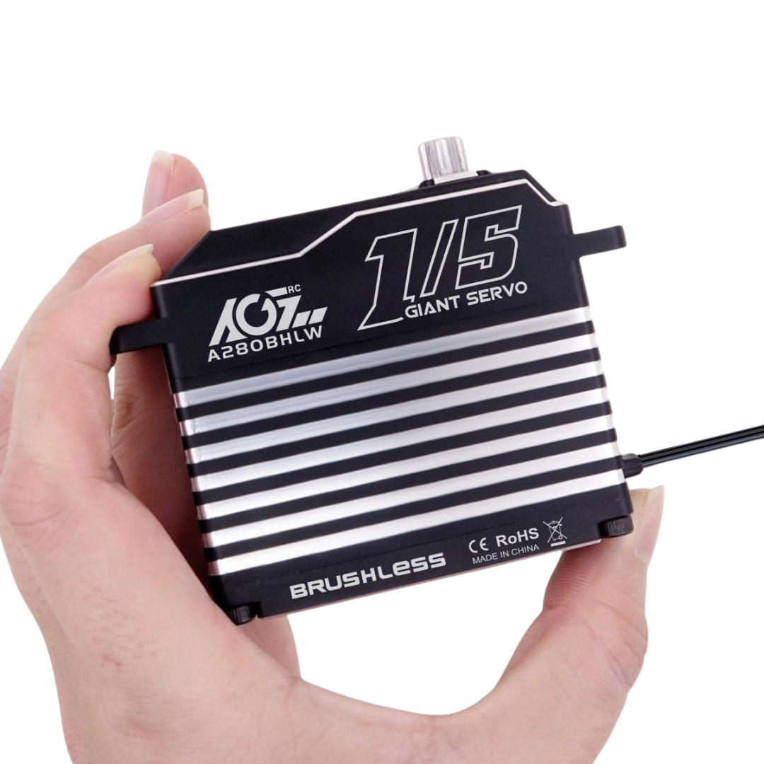 Hand holding a brushless servo with AGT RC branding on a white background
