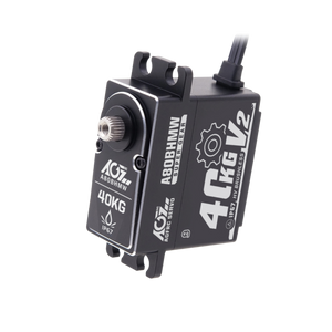 Black servo motor with branding on a white background