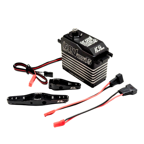 Side view of the AGFRC A280BVLW V2 brushless 250kg billet servo showing its aluminium casing, servo horns and connecting cables.
