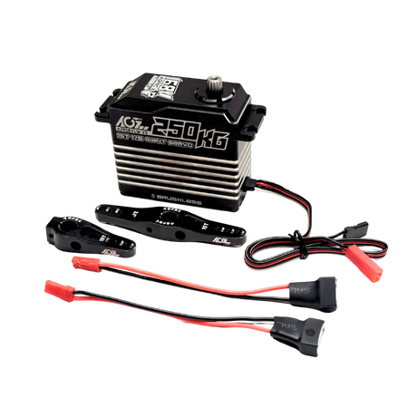 AGFRC A280BVLW V2 brushless 250kg billet RC servo with servo horns, cables and connectors.