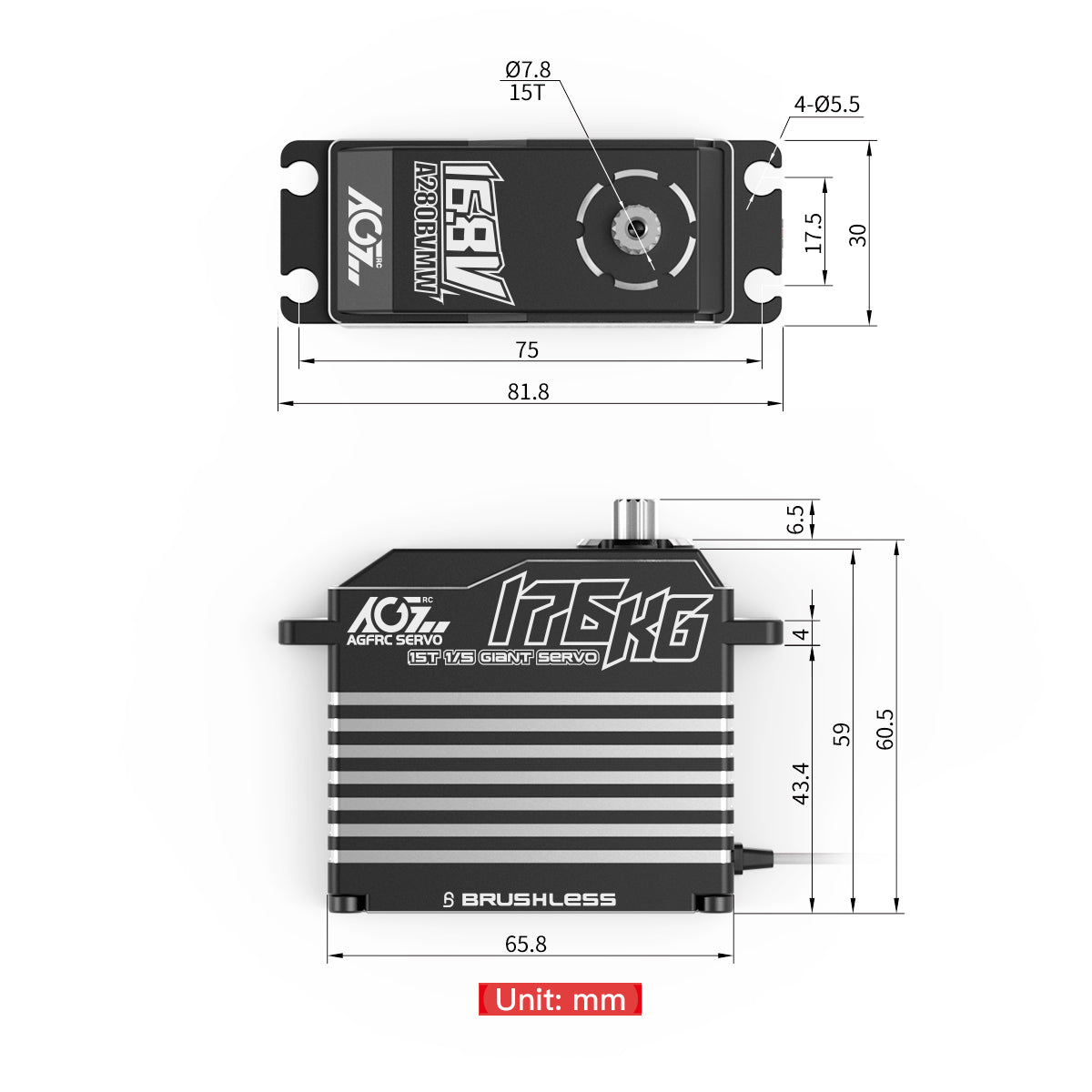 Technical drawing of a brushless servo with dimensions labeled