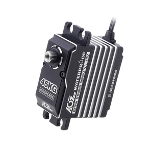 Black electronic servo with branding on a white background