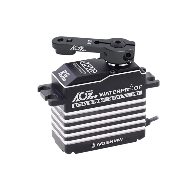 Black servo motor with branding on a white background