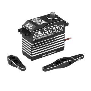 AGFRC K250KG brushless servo motor shown with two black metal arms on a solid white background.