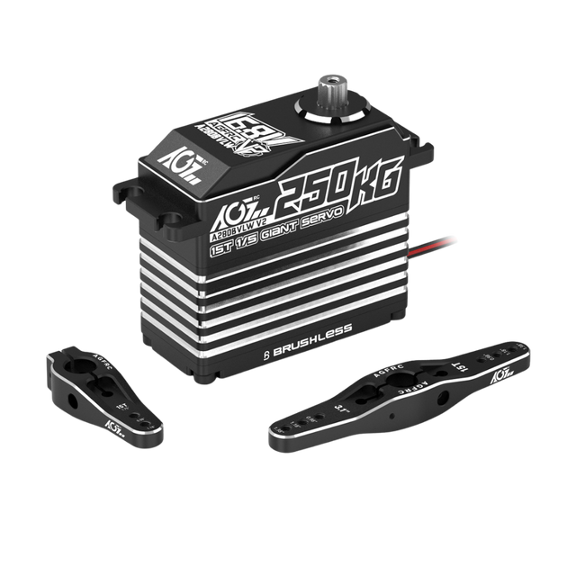 AGFRC K250KG brushless servo motor shown with two black metal arms on a solid white background.